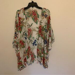 Umgee Tropical Floral Open Front Kimono Pom Poms Vacation Resort Size Med Large